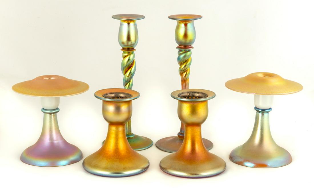 Group of Steuben Aurene Candlesticks: Group of Steuben Aurene Candlesticks Corning, NY. Max Ht. 10 in. The Estate of George Jamison, Corning, NY.