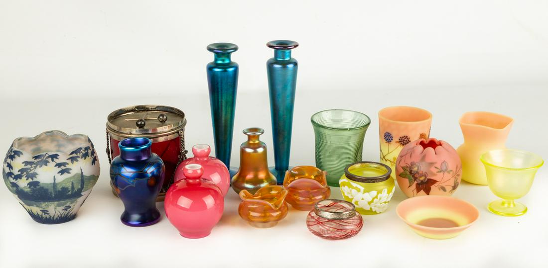 Group of Various Art Glass Items: Group of Various Art Glass Items Including Devez, Cameo, Orient & Plume, Burmese and Steuben Max Ht. 6 in. The Estate of George Jamison, Corning, NY.
