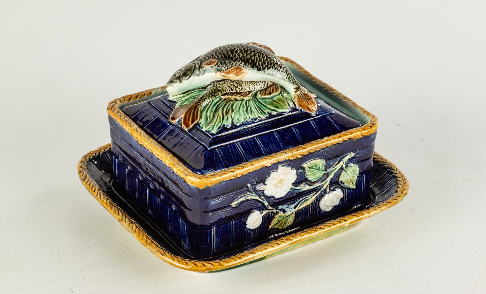 Majolica Covered Sardine Dish: Majolica Covered Sardine Dish 19th century. Probably George Jones. Ht. 6 x 8 in.
