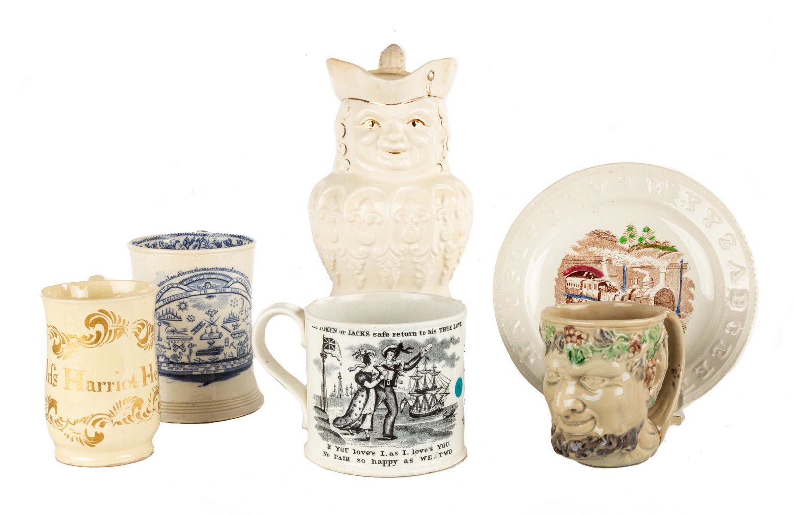 Group of Staffordshire: Group of Staffordshire 18th/19th century. including Masonic mug. Max Ht. 7 3/4 in.
