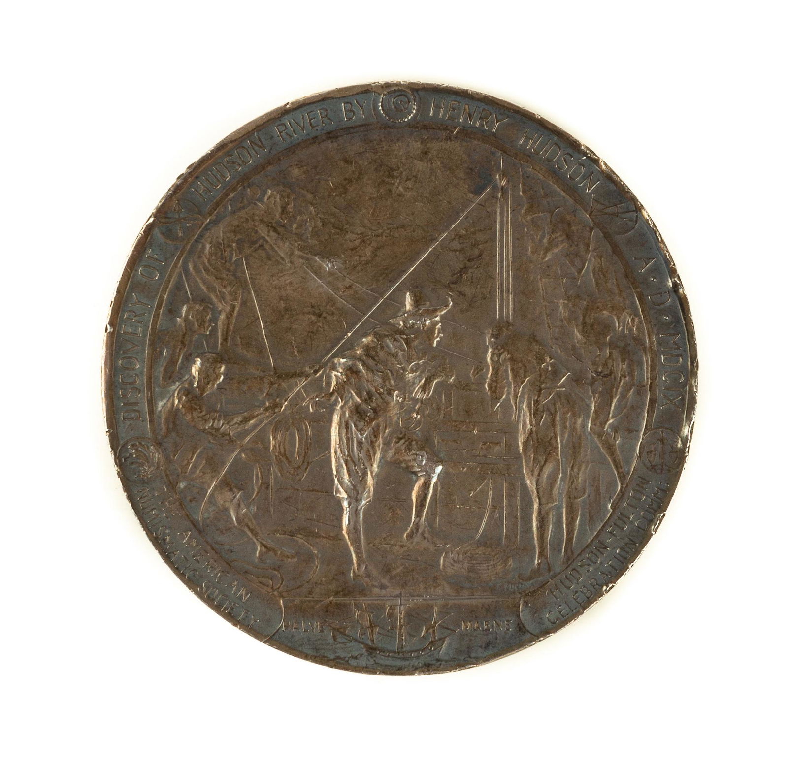 Henry Hudson Commemorative Medal: Henry Hudson Commemorative Medal Discovery of the Hudson River by Henry Hudson. The American Numunistic Society. (Reverse) Robert Fulton, First Use of Steam in Navigation on the Hudson River. Sterling