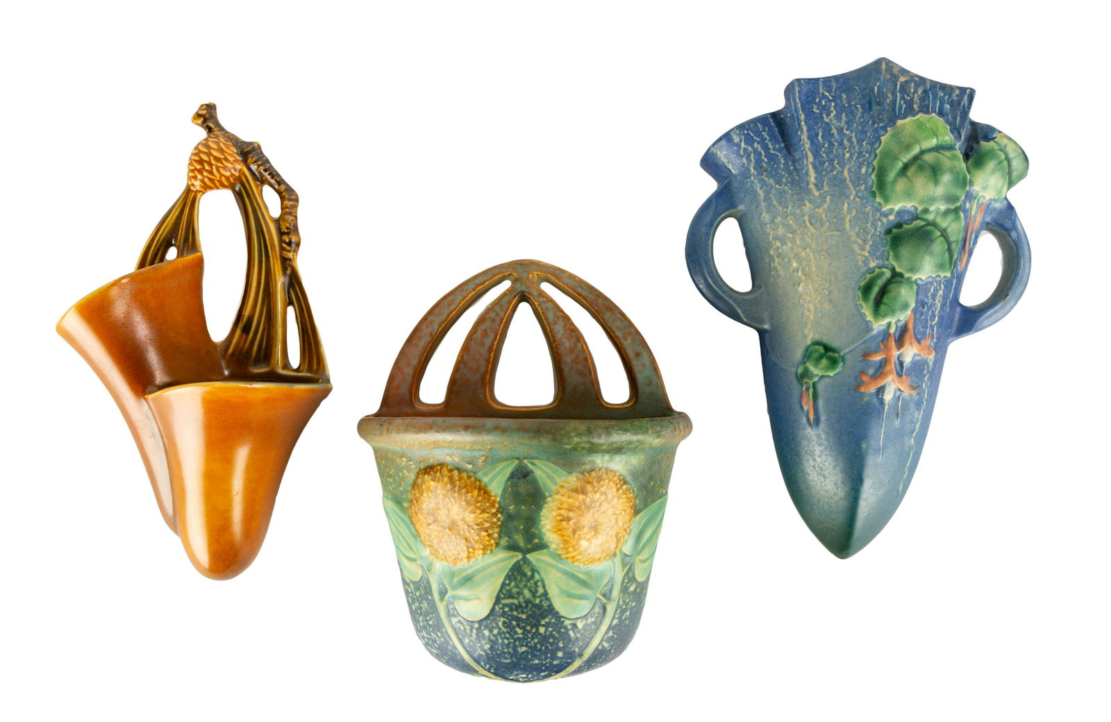 (3) Roseville Art Pottery Wall Pockets: (3) Roseville Art Pottery Wall Pockets Wall pockets. Max Ht. 8 1/4 in. Property of The Everson Museum, Syracuse, NY (sold to benefit the museum's collection fund).