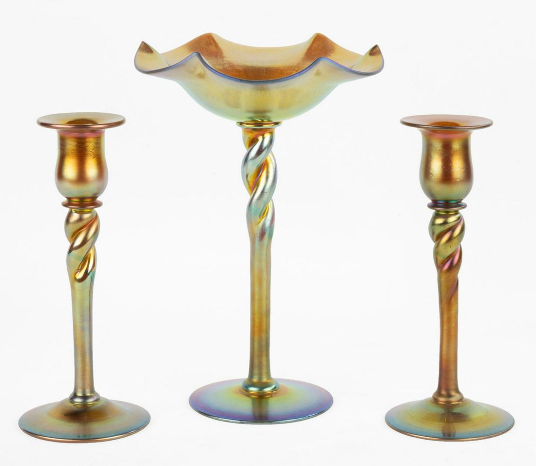 Steuben Gold Aurene Compote & Candlesticks (1 of 1)