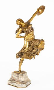 Claire Jeanne Roberte Colinet (French, 1880-1950): Claire Jeanne Roberte Colinet (French, 1880-1950) "Mexican Dancer" Gilt bronze dancer on a marble base. Signed with foundry mark (on base). Ht. 18 W 8 in.