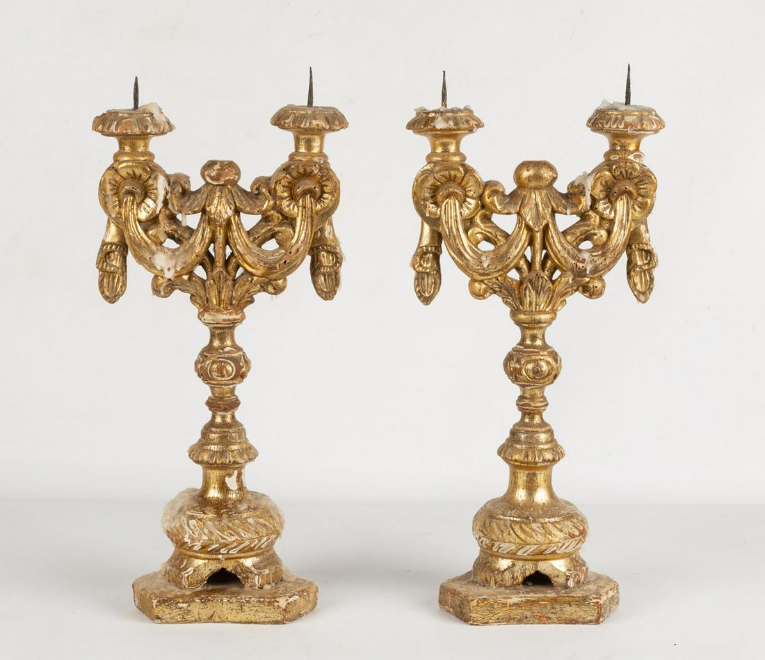 Early Carved Giltwood Prickets: Early Carved Giltwood Prickets Ht. 19 in.