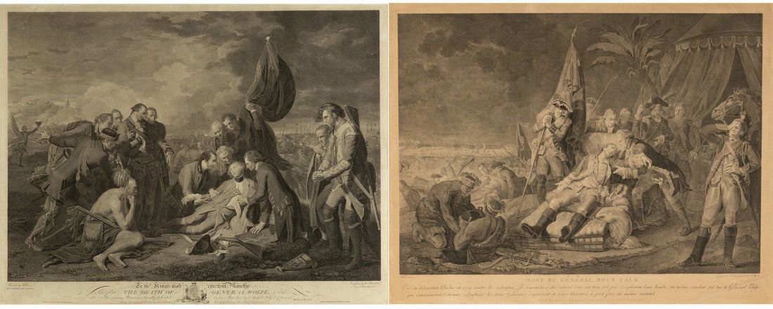 William Woollett (1735-1785) "The Death of General Wolf: William Woollett (British, 1735-1785) "The Death of General Wolfe" & "Mort du Generale Mont Calm" Historical engraving after Benjamin West, published by Wm. Woollett, Boydell, and Ryland, London. Circ