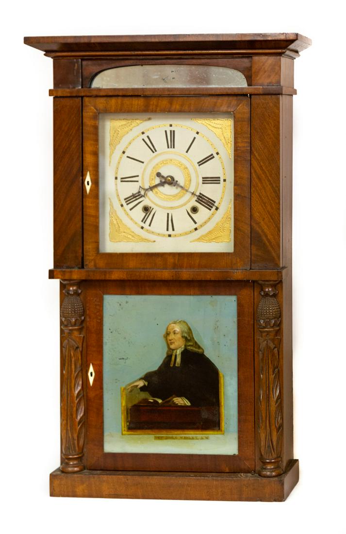 Marshal & Adams Shelf Clock: Marshal & Adams Shelf Clock Mahogany. Pineapple carved columns. Wooden works. John Wesley tablet. Original painted wood dial. Ht. 33 1/4 in.