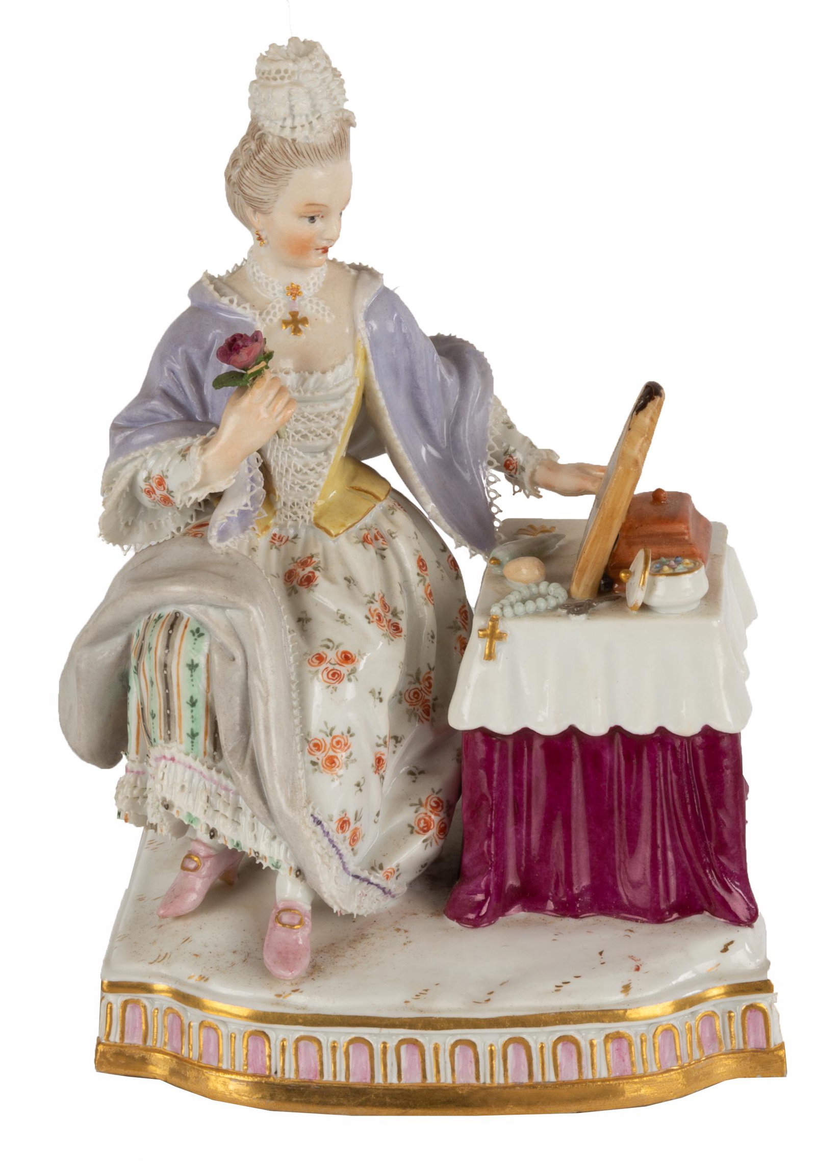 Meissen Lady at Dressing Table: Meissen Lady at Dressing Table 19th century. marked with double crossed swords. Ht. 5 5/8 in. Captain Stephen Sheppard, lived in Kyoto Japan in the 40s-50s, often traveled to China, thence by descent.