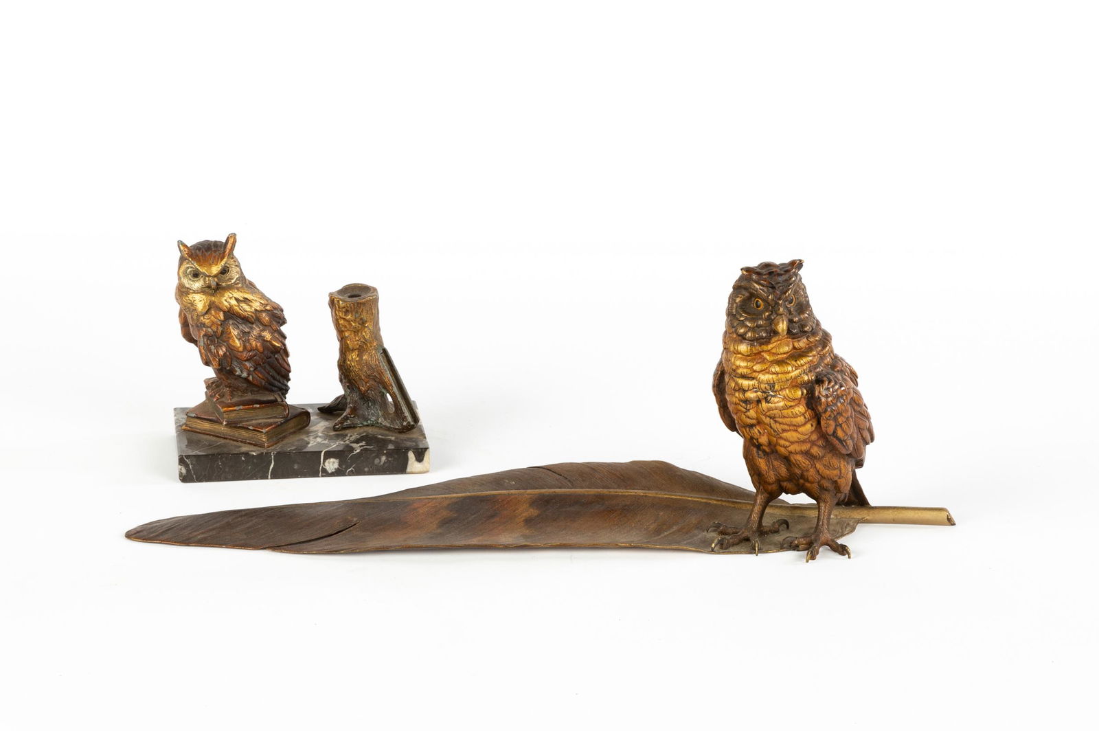 Bergman Bronze Owl Inkwell with Quill Pen Tray & (1 of 3)
