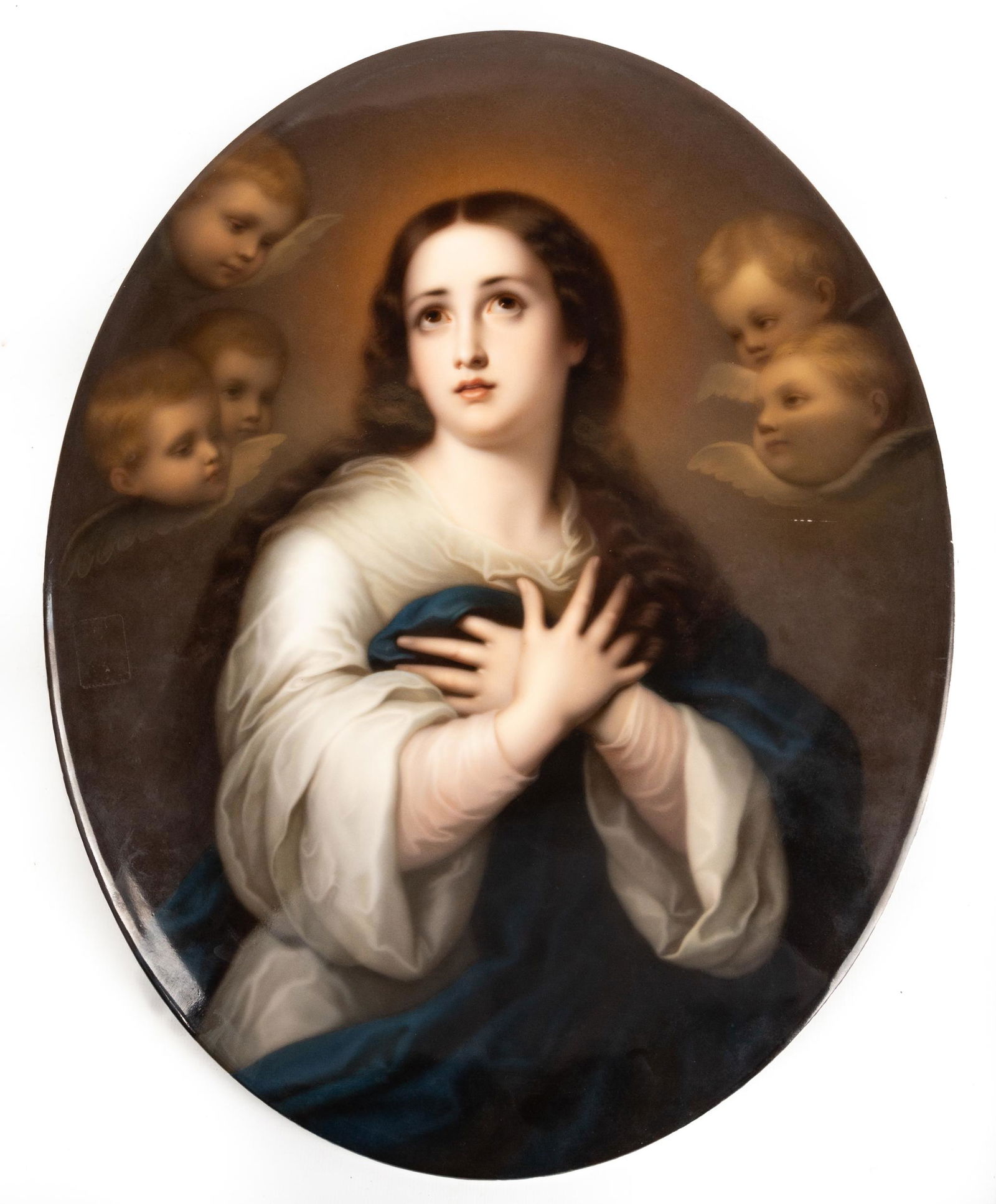German Painted Porcelain Plaque of Madonna with Cherubs (1 of 3)