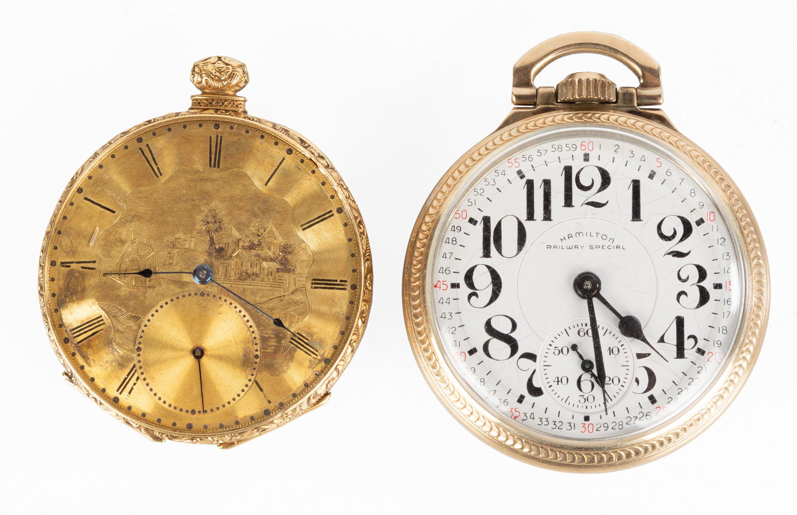 18K Gold Pocket Watch & Hamilton Gold Plated Railway (1 of 4)