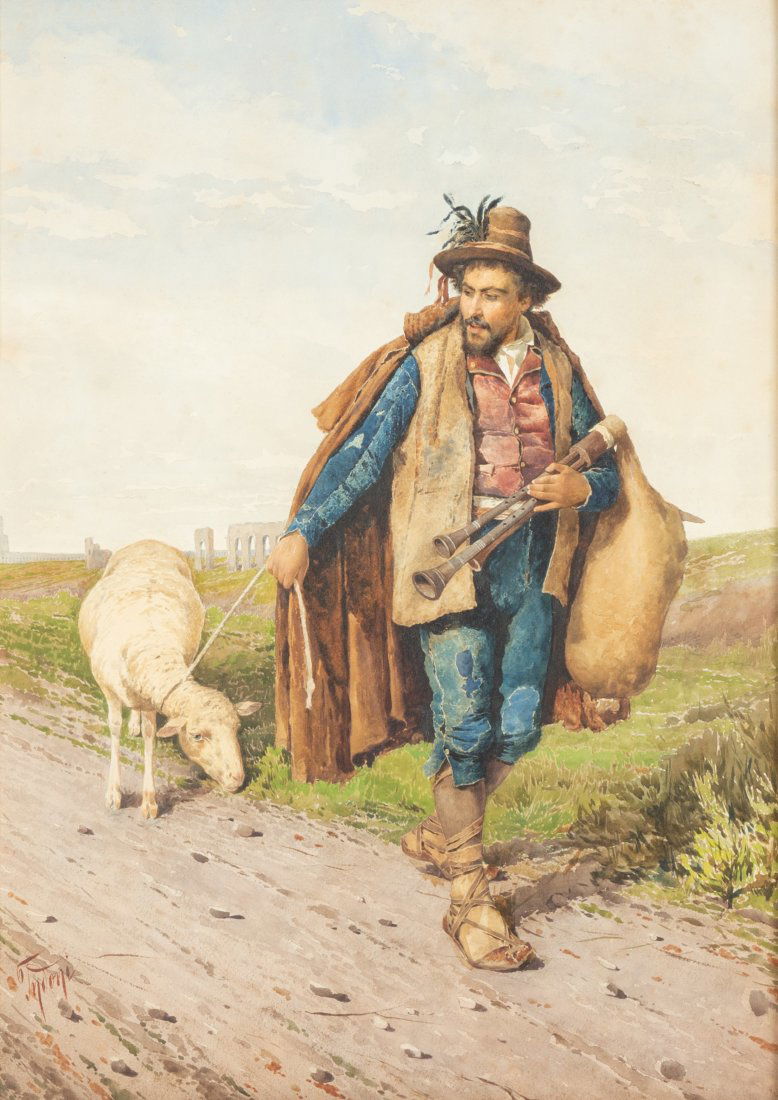Filippo Indoni (1842-1906) Bagpipe Player with Sheep (1 of 3)