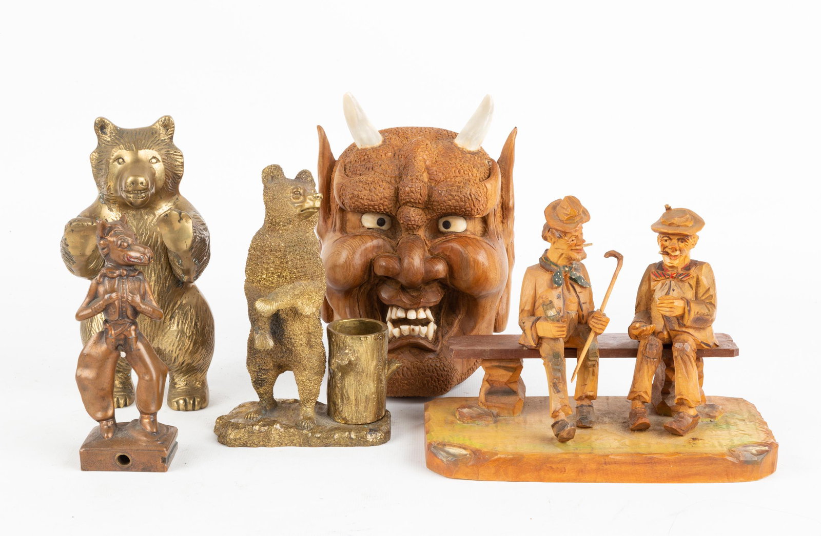 Group of Carved Wood Figures and Brass Bears (1 of 1)