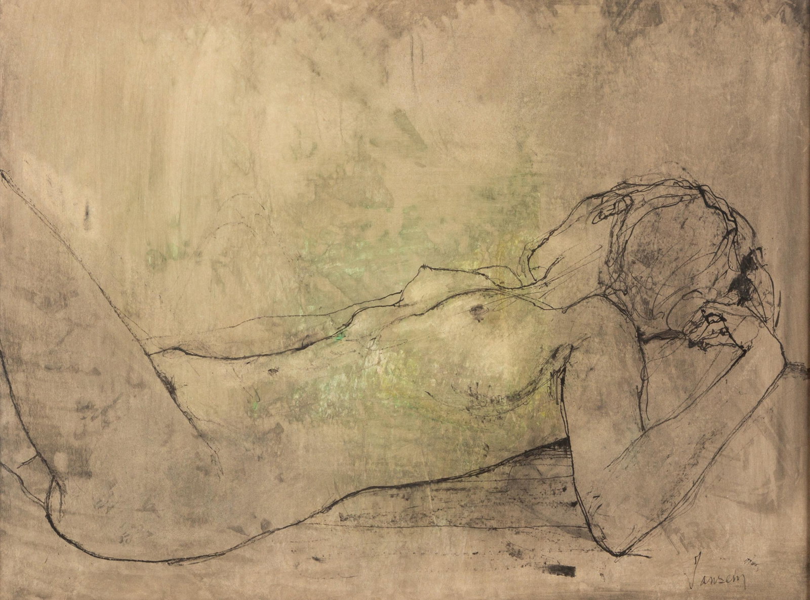 Jean Jansem (French, 1920-2013) Reclining Nude: Jean Jansem (French, 1920-2013) Reclining Nude Watercolor, gouache and ink on paper. signed 'Jansem' (lower right). Sight: 19 x 26 in. Framed 30 x 36 1/2 in. Zantman Gallery, Carmel, California. A Roc