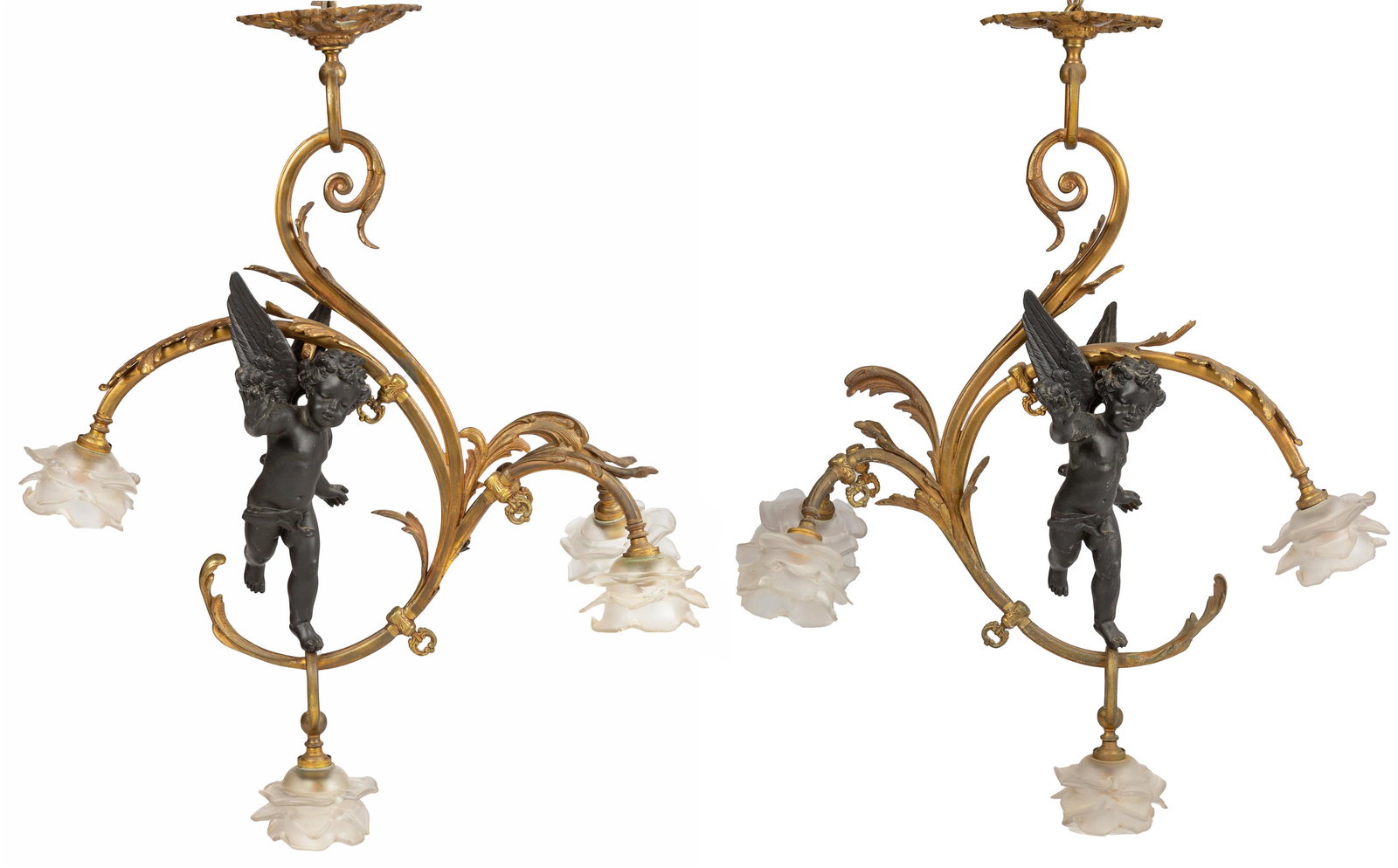 Pair of French Bronze & Parcel Gilt 4 Light  Hanging (1 of 4)