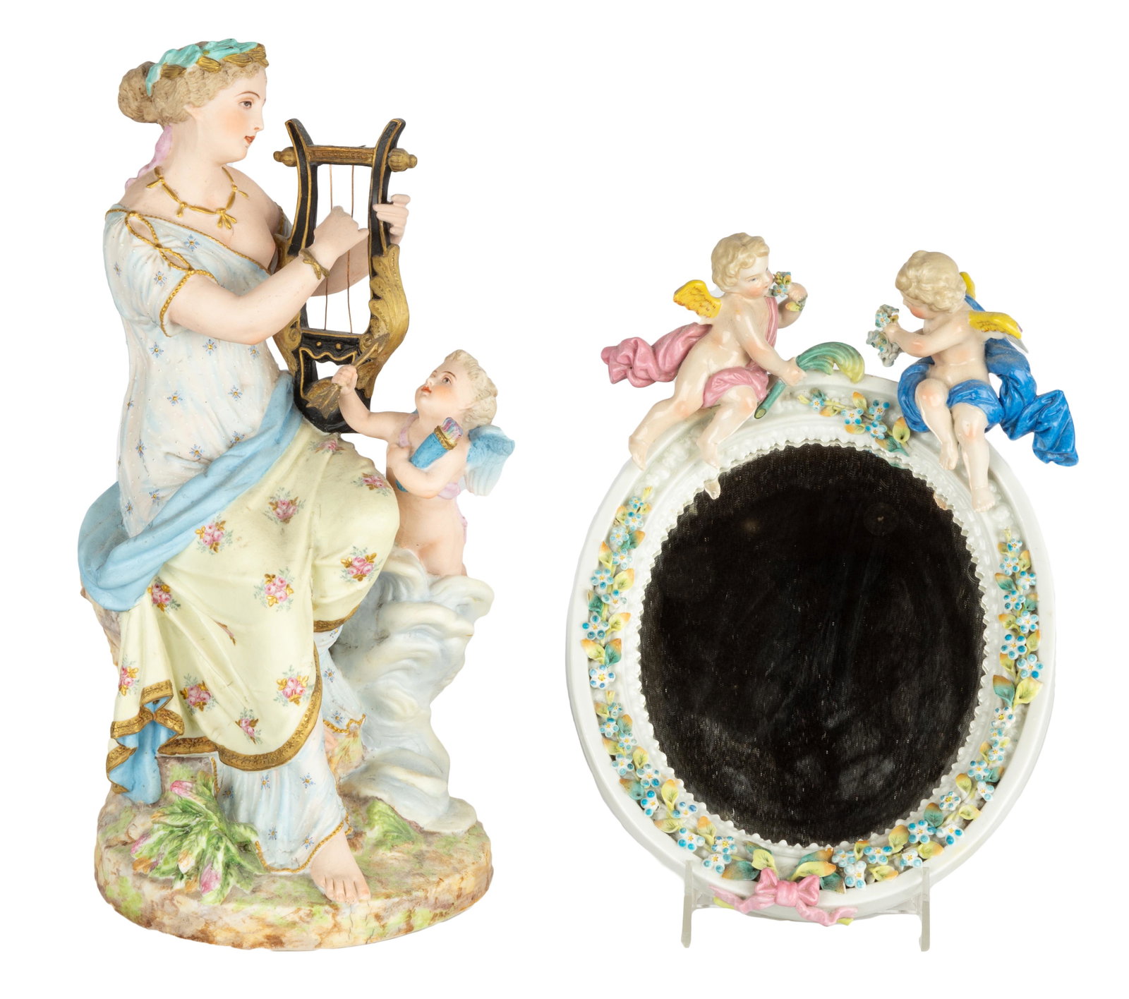 Bisque Lady with Harp and Cherubs with Porcelain Mirror: Bisque Lady with Harp and Cherubs with Porcelain Mirror circa 1900. Max Ht 14 in.