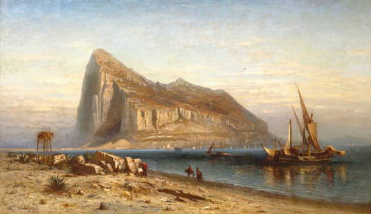 Robert Swain Gifford (American, 1840-1905) "The Rock of Gibraltar": Robert Swain Gifford (American, 1840-1905) "The Rock of Gibraltar" 1872. Oil on canvas. Signed and dated 'R Swain Gifford NY 1872' (lower left). Signed, titled and dated (on reverse). 41 x 72 in.