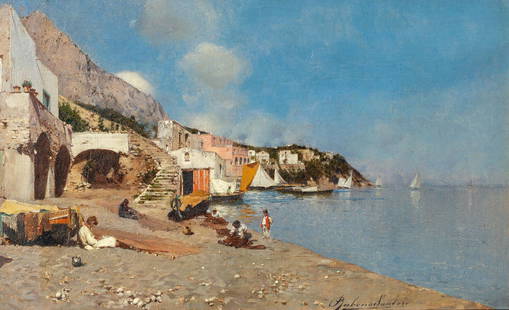 Rubens Santoro (Italian, 1859-1942) "Capri": Rubens Santoro (Italian, 1859-1942) "Capri" oil on canvas. signed 'Rubens Santoro' (lower right). 9 1/2 x 15 in.