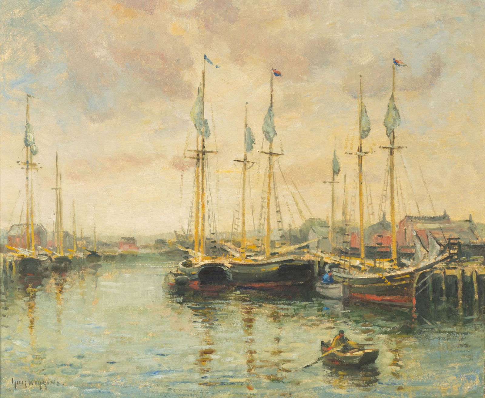 Guy Carleton Wiggins (American, 1883-1962) Harbor Scene: Guy Carleton Wiggins (American, 1883-1962) Harbor Scene Oil on canvas. Signed 'Guy Wiggins' (lower left). 25 x 30 in.