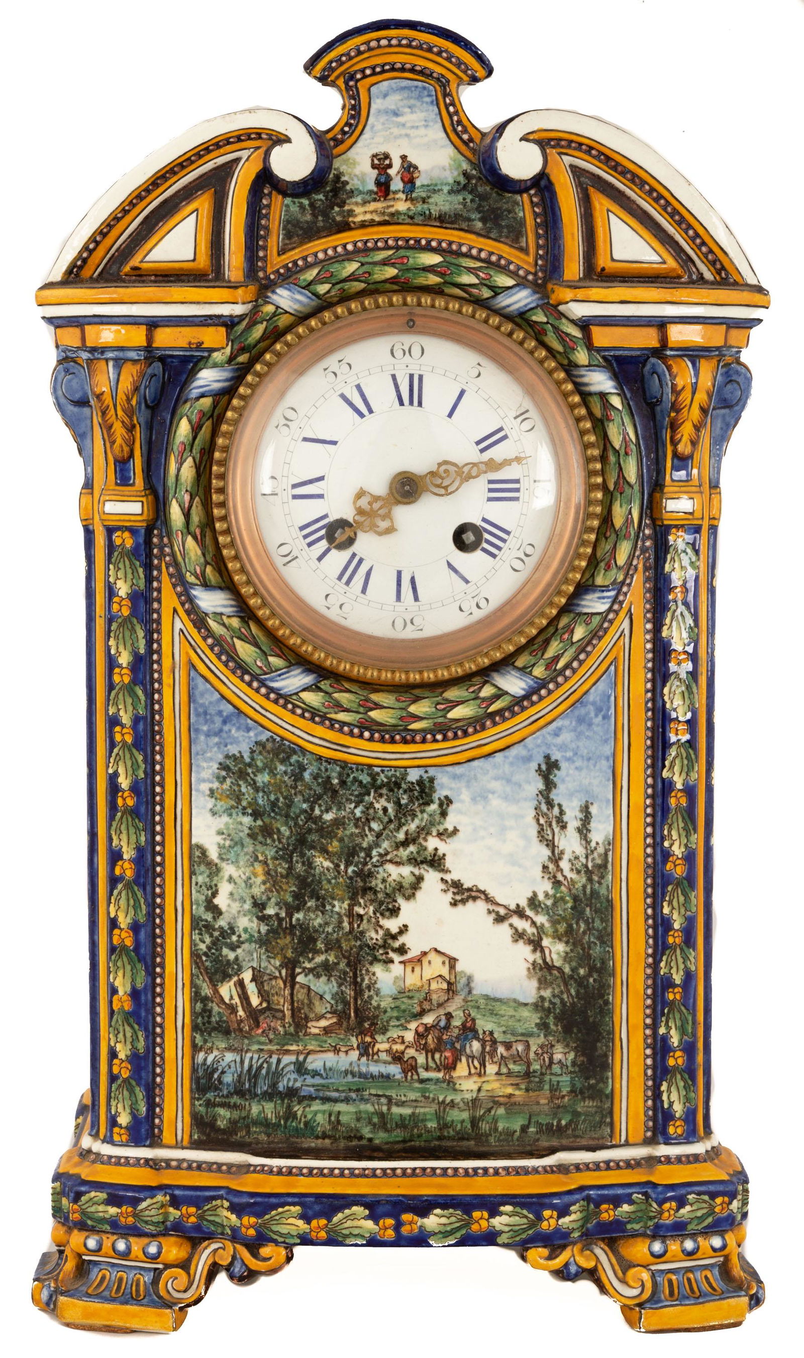 Gien France Majolica Shelf Clock: Gien France Majolica Shelf Clock 19th century, with hand painted scenes. 8 day time and strike, French movement. Ht. 15 1/4 in.