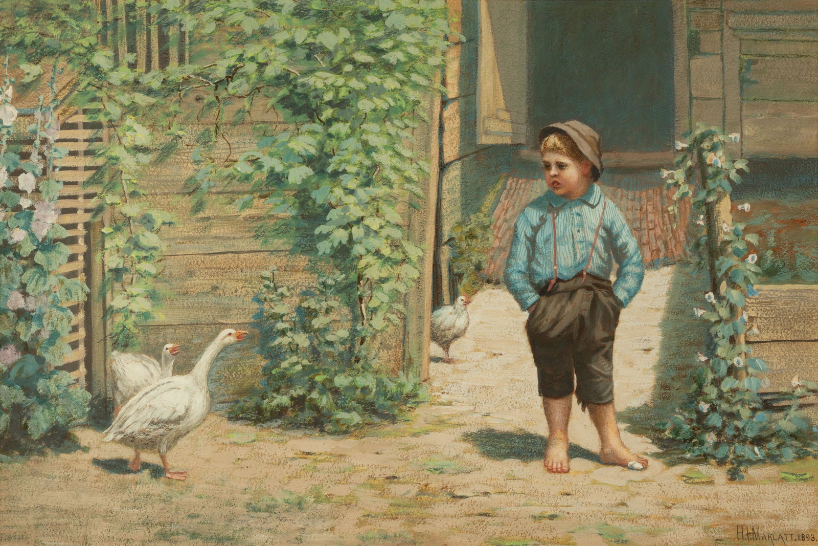 Hamilton Irving Marlatt (American, 1867-1929) Boy with Geese: Hamilton Irving Marlatt (American, 1867-1929) Boy with Geese Watercolor and gouache on paper in original giltwood frame. Signed and dated 'H. I. Marlatt, 1893' (lower right). 16 x 24 in.