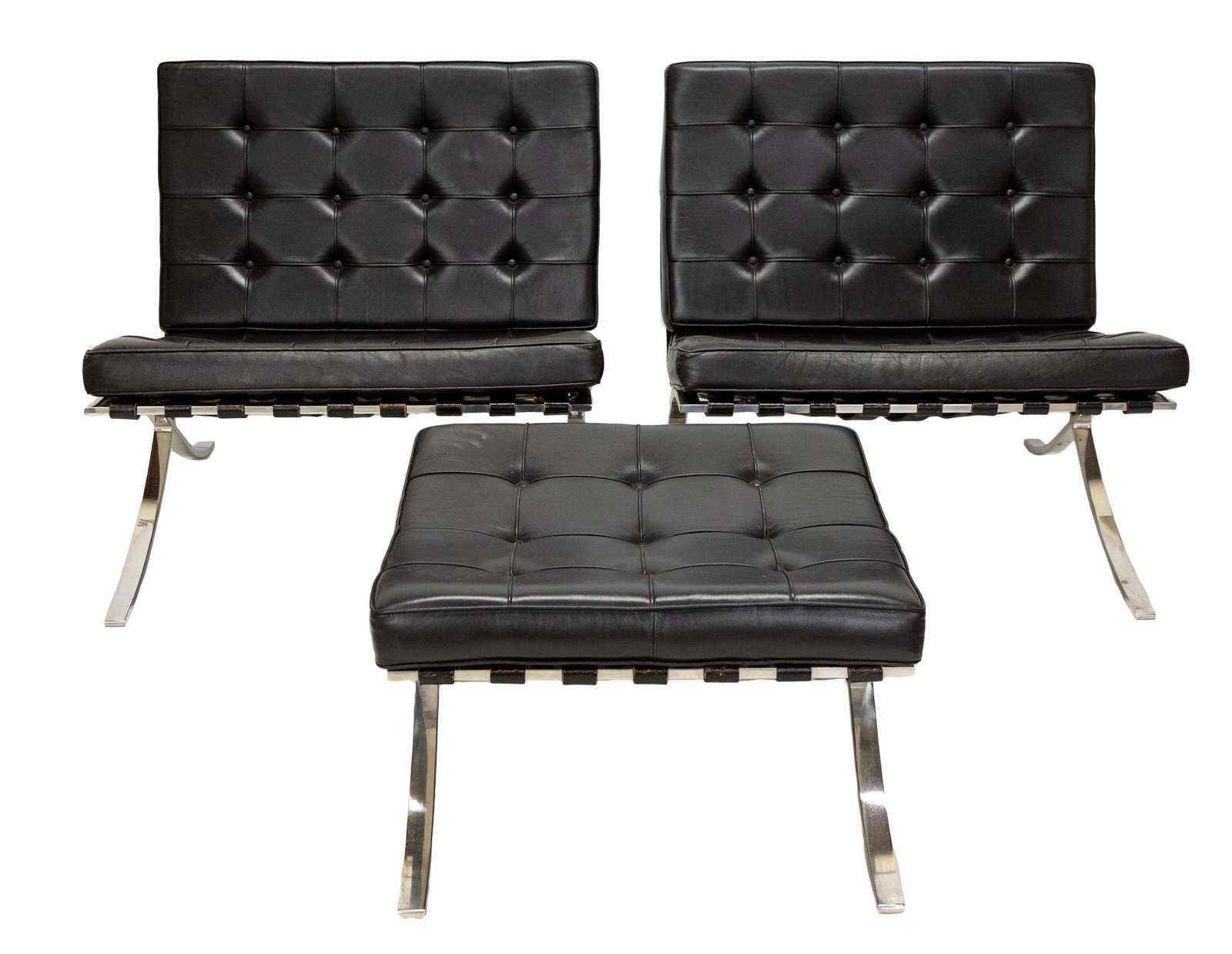 Pair Mies Van Der Rohe Barcelona Chairs & Ottoman: Pair Mies Van Der Rohe Barcelona Chairs & Ottoman Knoll International. Leather and chrome. 29 x 29 x 29 in. The estate of Harold L Cohen, Buffalo, New York.