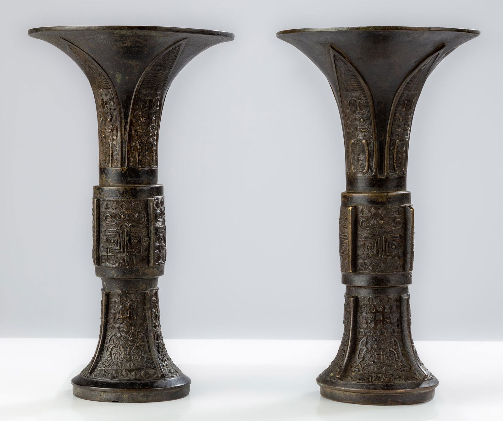 Pair of Chinese Archaic Bronze Gu Vases (1 of 8)