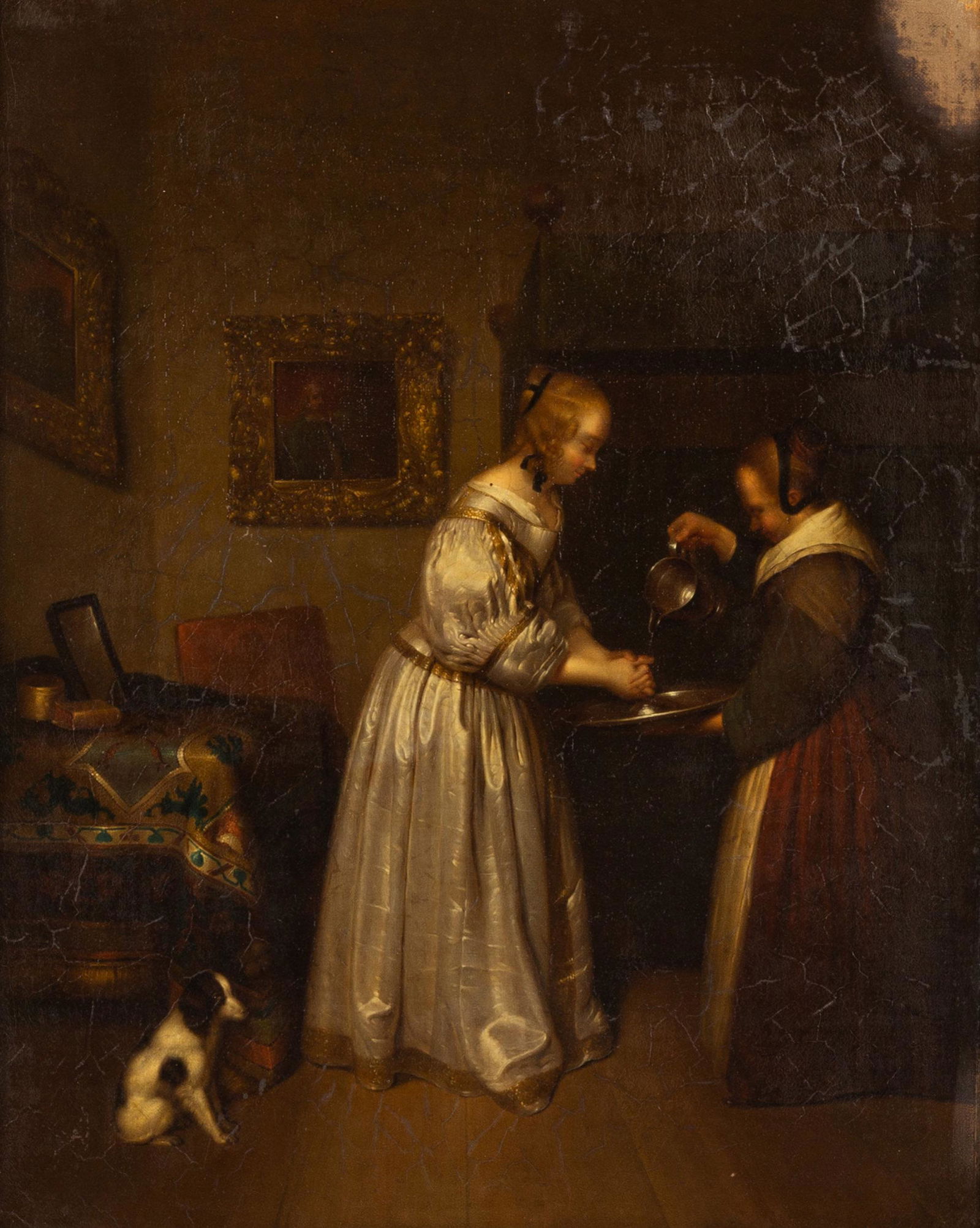 After Gerard ter Borch the Younger (Dutch, 1617-1681) "Lady Washing her Hands": After Gerard ter Borch the Younger (Dutch, 1617-1681) "Lady Washing her Hands" Oil on canvas. Unsigned. 18 1/2 x 15 in. Antoinette Pearson Granger, Granger Homestead, Canandaigua, NY, 1930. Memorial A
