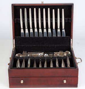 Georg Jensen Cypress Pattern Sterling Flatware: Georg Jensen Cypress Pattern Sterling Flatware circa 1950s. Sterling, Georg Jensen, Denmark. Cypress pattern, by Tias Eckhoff (circa 1954). 10 knives 8 3/4 in., 10 knives 6 3/4 in., 11 forks 7 1/2 in.