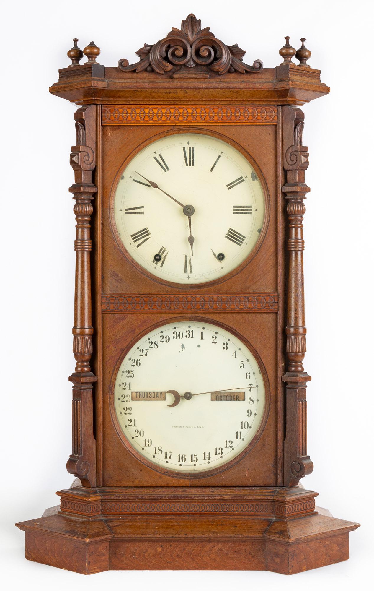 Seth Thomas "Parlor Calendar No. 8": Seth Thomas "Parlor Calendar No. 8" circa 1886. 8 day time and strike, calendar movement. Walnut case with original finish, original dials and good label. Ht. 37 3/4 in. The John Taylor Collection, De
