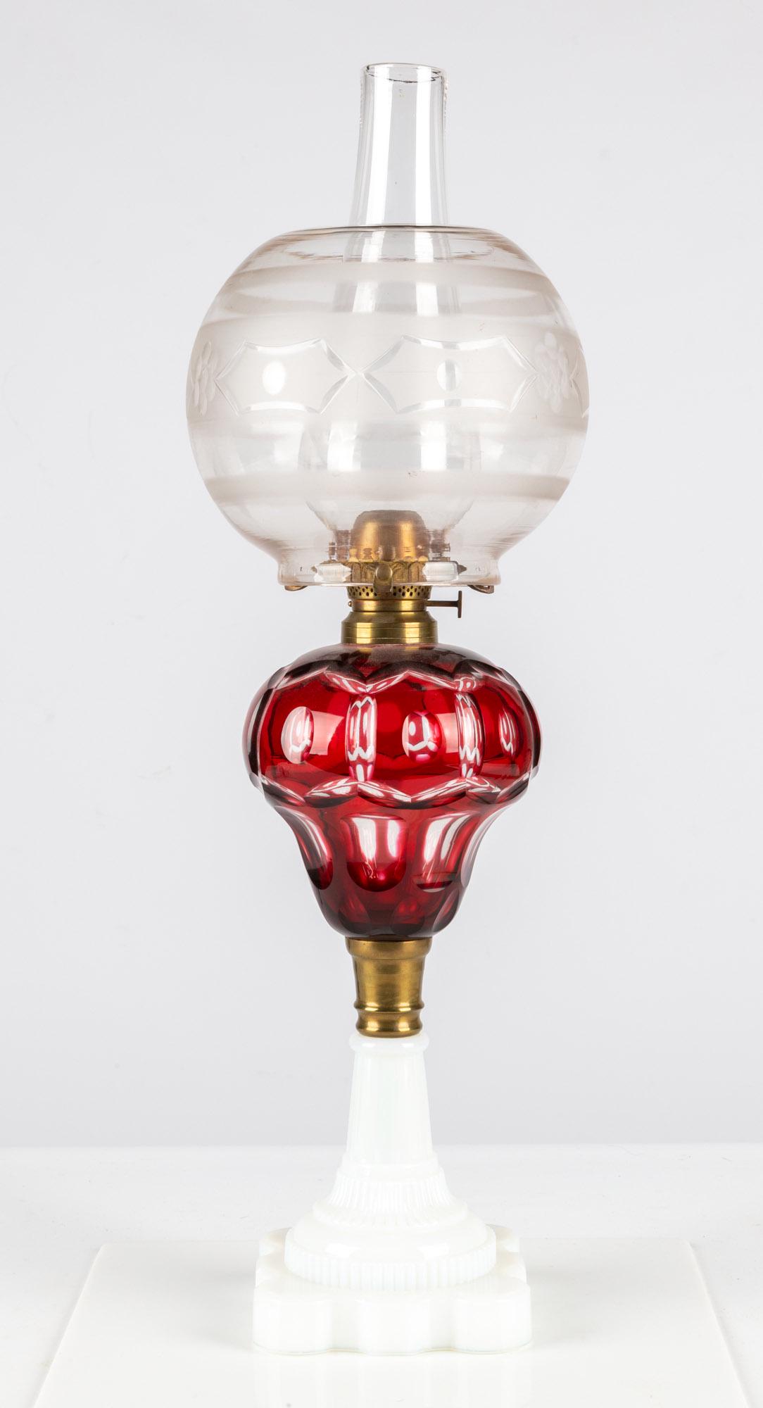 Cranberry "Washington" Overlay Oil Lamp (1 of 2)