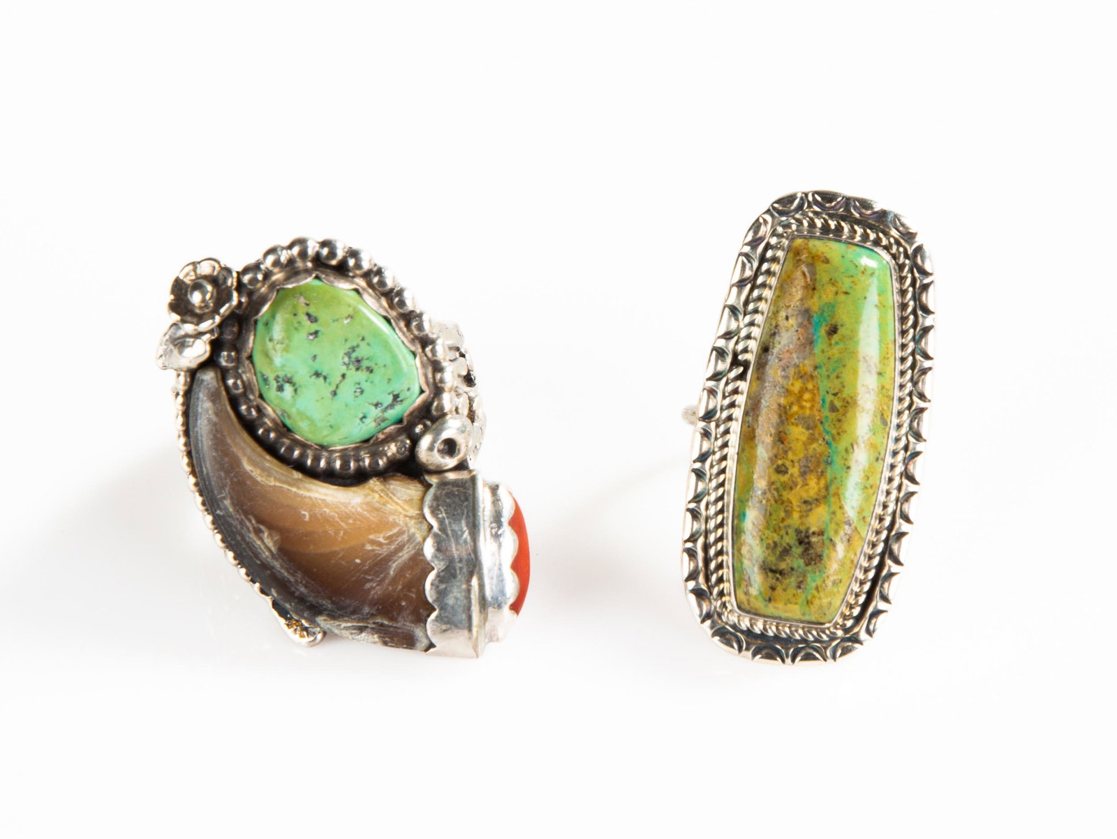 Silver, Bear Claw, Coral & Turquoise Rings (1 of 3)