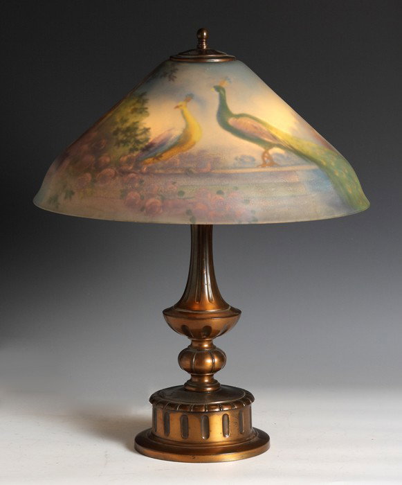 Pairpoint Reverse Painted Table Lamp: w/peacocks & garden scene. Shade & base stamped Pairpoint Co. Ht. 22" Shade Dia. 18"