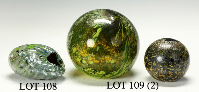 Attr. To Dale Chihuly (American, B. 1941) Two Art Glass: Chartreuse & silver flecks, unsigned, excellent. & black w/gold flecks, unsigned, excellent,. Similar examples in "Eleven Glass Sculptures" p. 6-9. Dia. 3 1/2" & 6" The Thomas Buechner Estate, former 