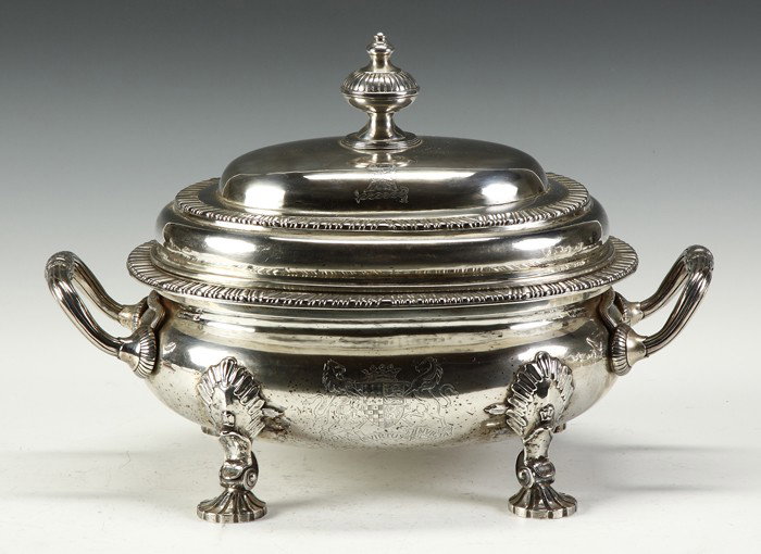 Jabez & Thomas Daniels Sterling Silver Cover: Style of George III. Gadrooned border & shell pad feet & coat of arms. 151 ozt. Ht. 11" W 16" D 9 1/12"