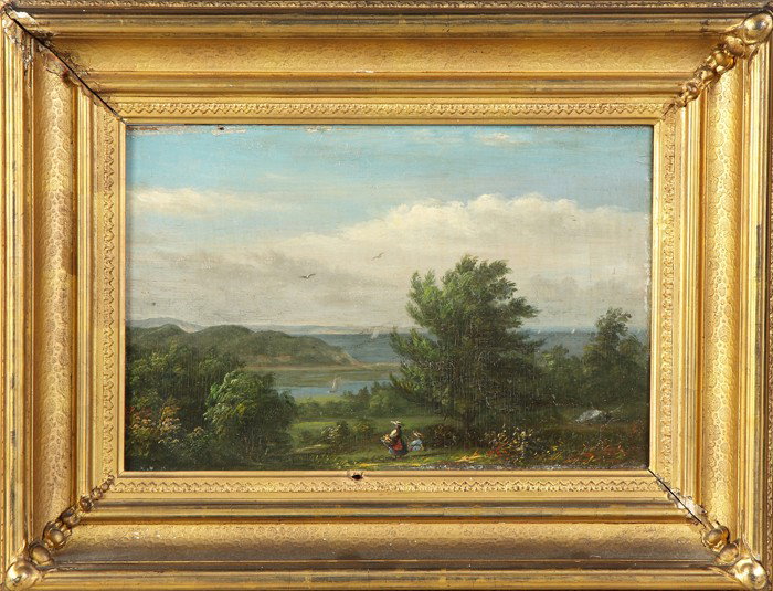 Hudson River School painting of a lake scene: 19th cent. Unsgn. Oil/board. 2 figures in foreground. 8" x 12" The Thomas Buechner Estate, former director of the Brooklyn Museum and founding director of the Corning Museum of Glass.