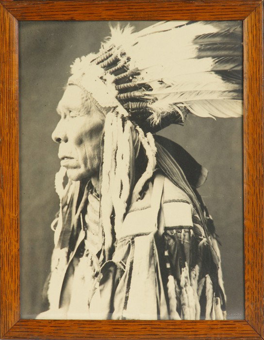 Group of 8 Photos by F.R. Meyers, Buffalo, NY, of the B: Each photo embossed w/ F.R. Meyer, Buffalo, NY. Names listed on back of photos: Three Beards (92 years old); Buffalo Body; Three Bears; Maggie Duck Head; Many Guns; Wades in Water; Little Plume; Unnam