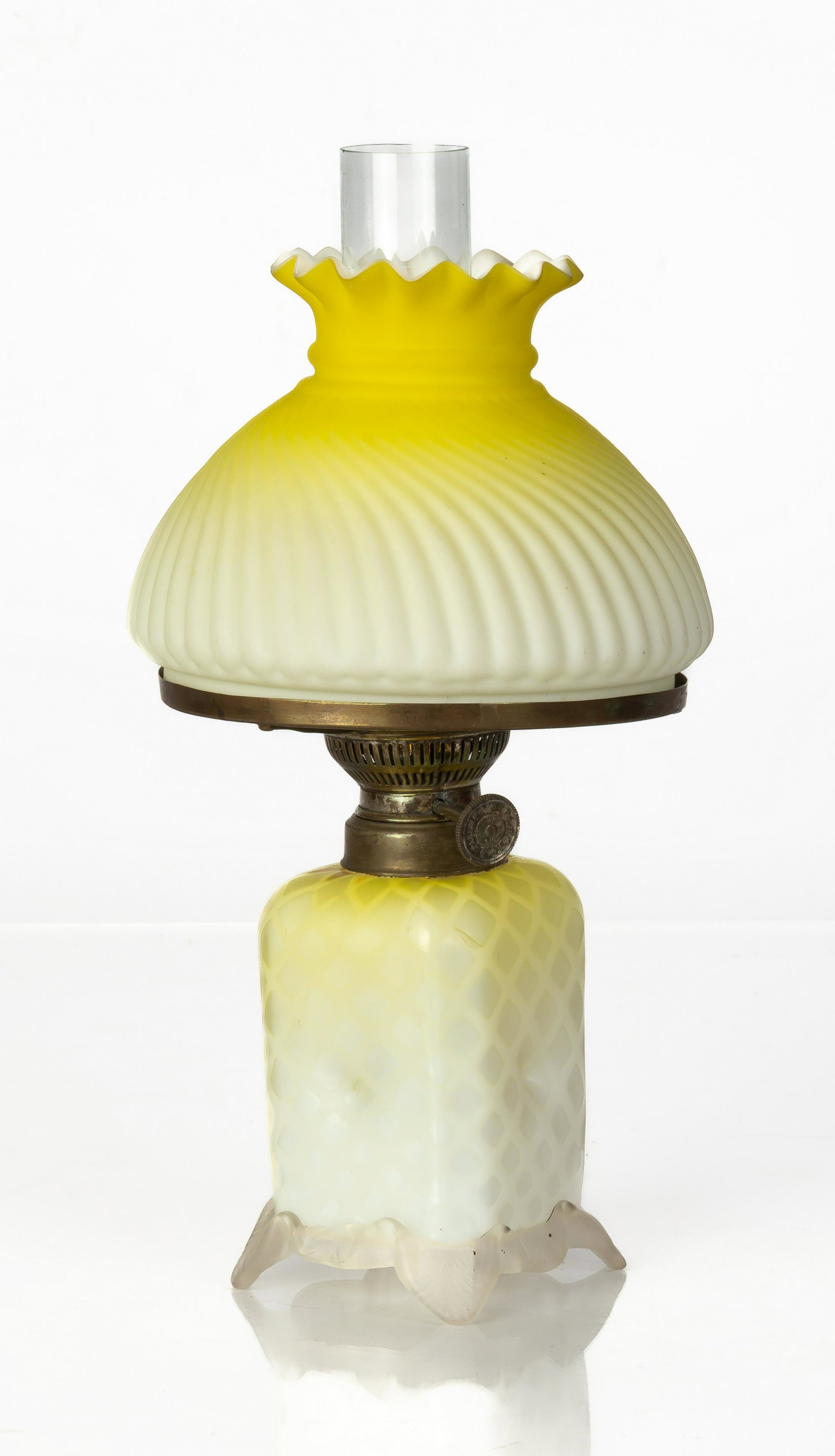 Miniature Lemon Swirl Satin Glass Oil Lamp: Miniature Lemon Swirl Satin Glass Oil Lamp 19th century. Original oil. Ht. 11"