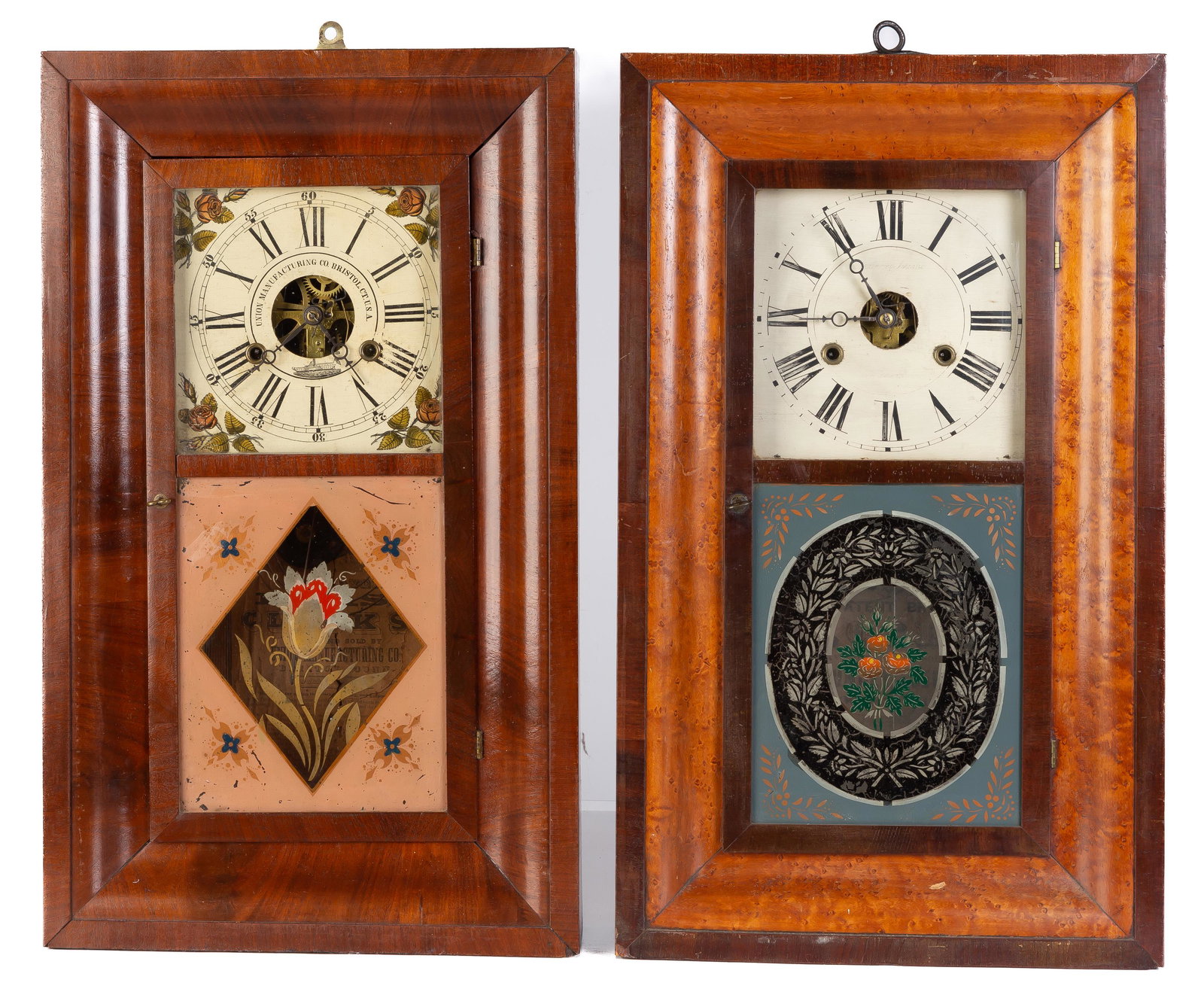 (2) Ogee Shelf Clocks: (2) Ogee Shelf Clocks Both have original tablets and dial. Good labels. Left - Mahogany case Right - Mahogany birdseye case. Max Ht. 25 1/2 in. The John Taylor Collection, Derbyshire, UK.
