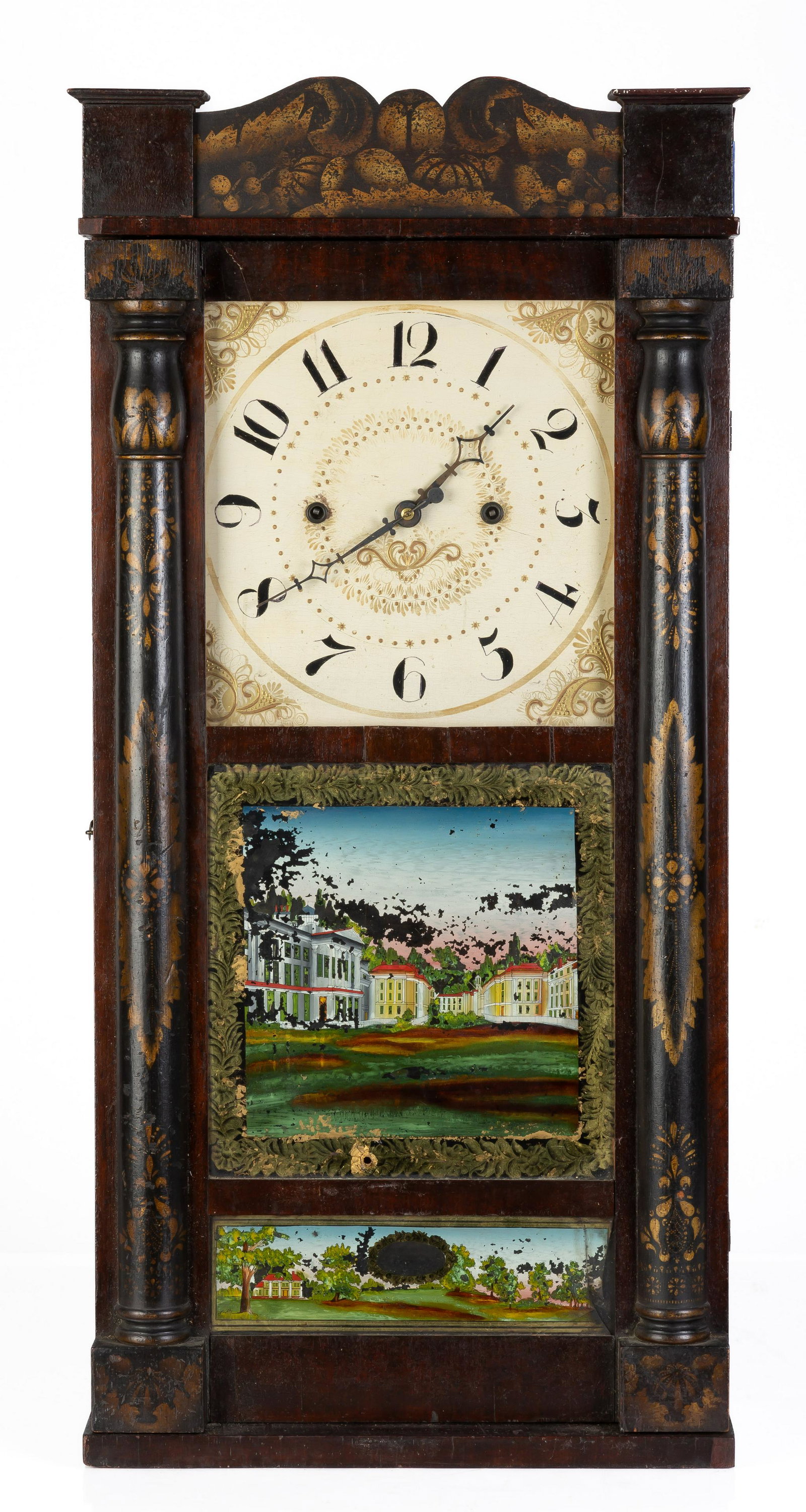 Eli & George W Bartholomew Shelf Clock: Eli & George W Bartholomew Shelf Clock Mahogany case with original stenciled columns and splat. Original glasses. Original painted wood dial. Ht. 31 in. The John Taylor Collection, Derbyshire, UK.