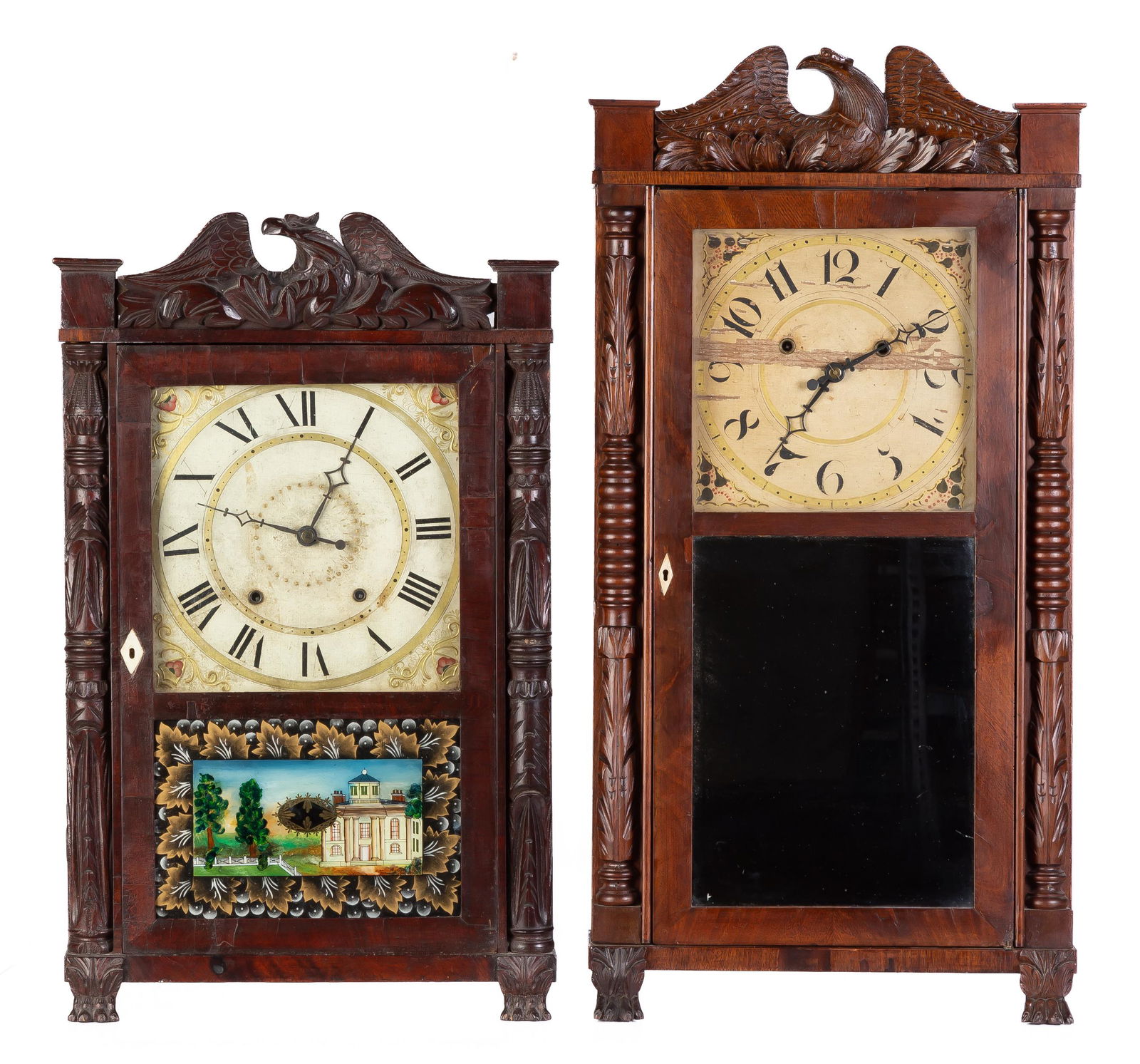 Asaph Hall, Goshen, CT and Silas Hoadley, Plymouth, CT: Asaph Hall, Goshen, CT and Silas Hoadley, Plymouth, CT Left - Original finish, dial and good label. Max Ht. 33 in. The John Taylor Collection, Derbyshire, UK.