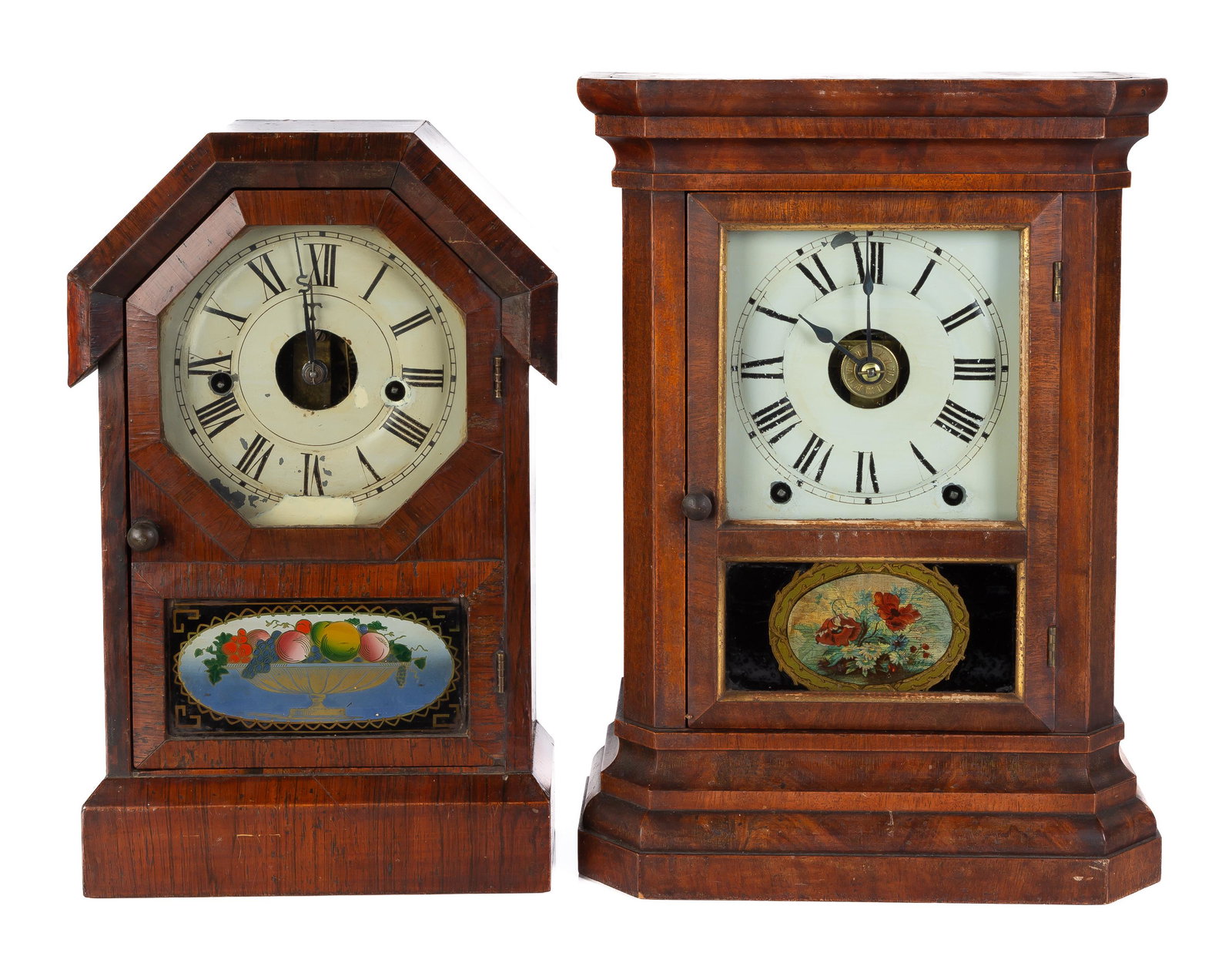 (2) Seth Thomas Clock Co Cottage Clocks: (2) Seth Thomas Clock Co Cottage Clocks Old finish, glasses and labels. Left - Mahogany and rosewood. 30 hour time and strike. Right - Mahogany case, city series, St Louis. 8 Max Ht. 15 1/2 in. The Jo