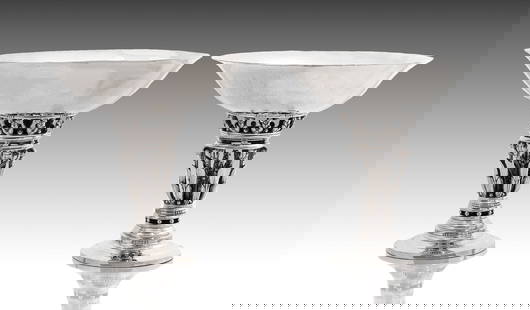 Pair of Georg Jensen "Princess" Bowls 252 by Johan Rohde: Pair of Georg Jensen "Princess" Bowls 252 by Johan Rohde circa 1925-1932, Georg Jensen centerpiece bowl, design #252. A hammered pedestal base, Floral and Scroll work combined with oxidized floral cen