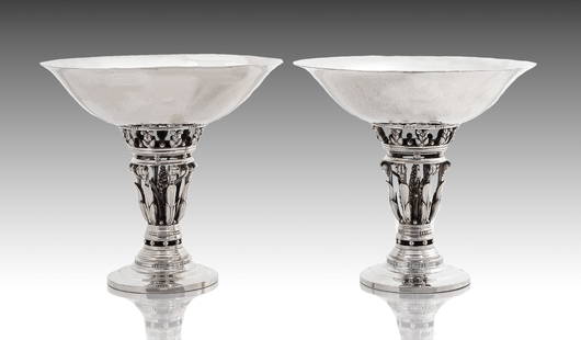 Pair of Georg Jensen "Princess" Bowls 252 by Johan Rohde: Pair of Georg Jensen "Princess" Bowls 252 by Johan Rohde circa 1925-1932, Georg Jensen centerpiece bowl, design #252. A hammered pedestal base, Floral and Scroll work combined with oxidized floral