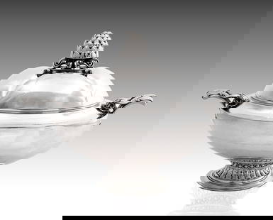 Fine and Rare Monumental Georg Jensen Silver Centerpiece Tureen and Cover, Model 573: Fine and Rare Monumental Georg Jensen Silver Centerpiece Tureen and Cover, Model 573 Circa 1936. Ovoid melon form with pinecone handle on a raised foot. Signed and inscribed by Georg Jensen (in cursiv