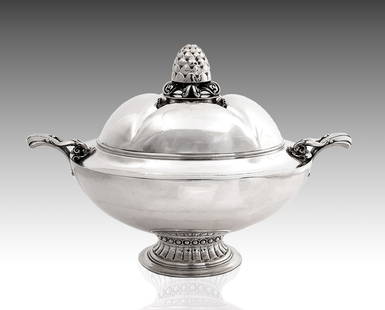 Fine and Rare Monumental Georg Jensen Silver Centerpiece Tureen and Cover, Model 573: Fine and Rare Monumental Georg Jensen Silver Centerpiece Tureen and Cover, Model 573 Circa 1936. Ovoid melon form with pinecone handle on a raised foot. Signed and inscribed by Georg Jensen (in