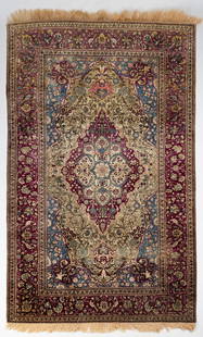 Silk Kashan Rug: Silk Kashan Rug Circa 1900. 8 ft. 3 in. x 4 ft. 2 in. Collection of Hugh Douglas Barclay, Pulaski, New York; Former New York State Senator and United States Ambassador to the Republic of El Salvador.