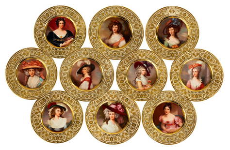 (10) Berlin K.P.M. Porcelain Jeweled Ivory-Ground Portrait Plates: (10) Berlin K.P.M. Porcelain Jeweled Ivory-Ground Portrait Plates Hand-painted porcelain, paneled border, gilt with foliate scrolls edged with opal jewels. Signed with blue scepter mark (on reverse) a