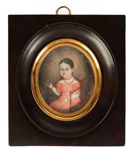 Early 19th Century American Portrait Miniature of Young Girl in Red Dress: Early 19th Century American Portrait Miniature of Young Girl in Red Dress Watercolor, depicting a young girl wearing a red dress and coral necklace, seated in red armchair. "Hugh's Great Aunt Sister-i