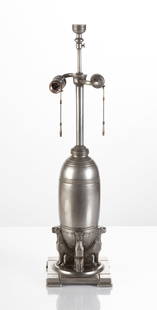 Rare Art Deco Lamp by Oscar Bach (German/American, 1884-1957): Rare Art Deco Lamp by Oscar Bach (German/American, 1884-1957) Nickel plated bronze adjustable lamp base with stylized art deco animals. Impressed in cursive Oscar Bruno Bach (to underside). Ht. 25 3/4